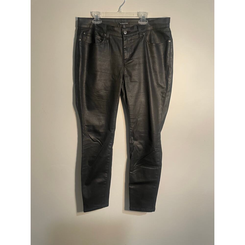 Eileen Fisher Black Coated‎ Waxed Skinny Jeans Faux Leather Size 12 Petite